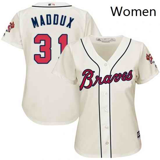 Womens Majestic Atlanta Braves 31 Greg Maddux Replica Cream Alternate 2 Cool Base MLB Jersey